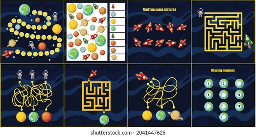 Pequeños juegos infantiles para el desarrollo. El laberinto espacial. Espio. Cuenta el planeta. Ilustración vectorial colorida en estilo plano.