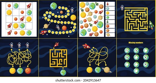Kids mini games for development. Space maze. I spy. Count the planet. Colorful vector illustration in flat style.