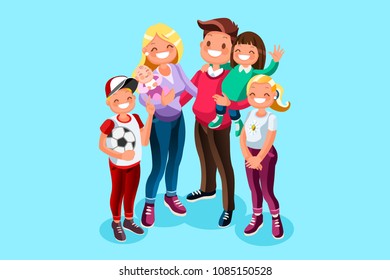 Kids, minimal people, children, dad, mom cartoon characters. Family illustration. Can use for web banner, infographics, hero images. Flat isometric people, vector illustration isolated on generic