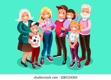 Kids, minimal people, children, dad, mom cartoon characters. Family illustration. Can use for web banner, infographics, hero images. Flat isometric people, vector illustration isolated on generic