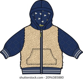 KIDS MIXED FABRIC FUR JACKET WITH HOOD VECTOR SKETCH