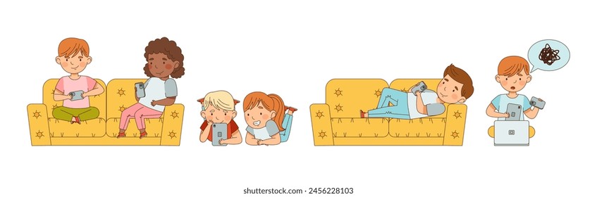 Kids with Mobile Gadget Use Electronic Devices Vector Set
