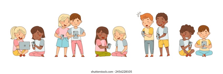 Kids with Mobile Gadget Use Electronic Devices Vector Set