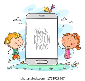Kids with mobile phone with a blank space for your text or image