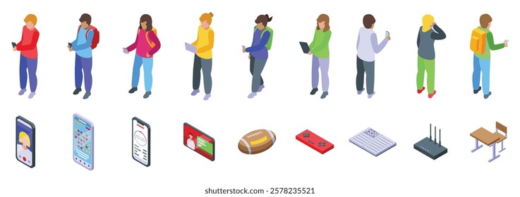 Kids mobile phone icons set. Students using smartphones, laptops and tablets, isometric digital device icons and school supplies like rugby ball, gamepad, notebook, router and school desk