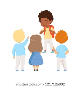 Kids mocking an african ameican boy, bad behavior, conflict between kids, mockery and bullying at school vector Illustration on a white background