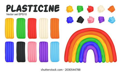 Kinder modellieren Ton, bunter Plastikset mit Steinen, Stücken und Regenbogen. Kunstprozess, kreativer Workshop. Handgezeichnete Illustration im modernen Cartoon-Stil.