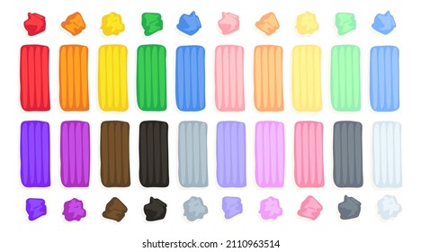 Kids modeling clay, colorful plasticine set. Art process, creative workshop. Hand drawn illustration in modern cartoon flat style. Plasticine bricks and clay pieces in bright and pastel colors.