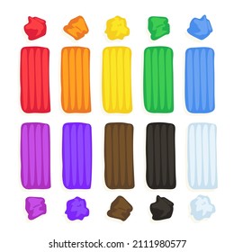Kids modeling clay, colorful plasticine set. Art process, creative workshop. Hand drawn illustration in modern cartoon flat style. Plasticine bricks and clay pieces.