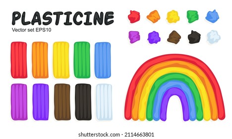 Kids modeling clay, colorful plasticine set with bricks, pieces and rainbow. Art process, creative workshop. Hand drawn illustration in modern cartoon flat style.