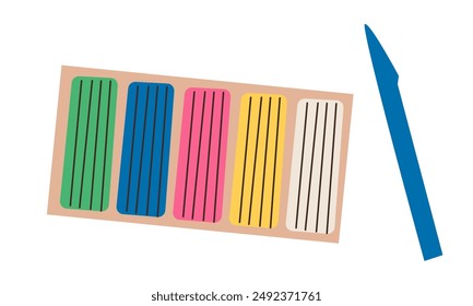 Kids modeling clay, colorful plasticine set with bricks, pieces and rainbow. Art process creative Hand drawn illustration in modern cartoon flat style.