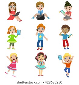 Kids And Modern Technology Set Of Bright Color Isolated Vector Drawings In Simple Cartoon Design On White Background