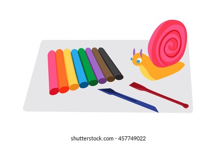 Kids molding tools set - colorful modeling clay, board and knifes, molded figure of snail Flat vector illustration