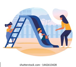 Kids with Mom on Slide Flat Vector Illustration. Little Girl, Boy and Young Woman Cartoon Characters. Mother, Adult Babysitter Playing with Children on Playground. Outdoor Games, Babysitting