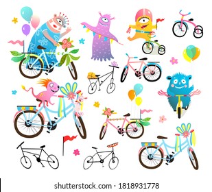 Kids monster bike decoration festival or parade, funny cartoon clipart collection. Quirky creatures, cyclists characters and decorated bicycles. Vector colorful illustration for children projects.