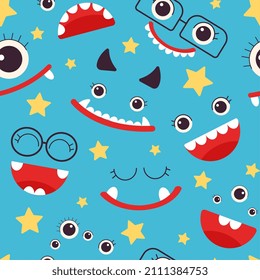 Kids monster seamless pattern. Monsters emotional faces, child fashion print. Funny ugly characters for textile decoration, wrapping paper, decent vector background