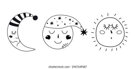 Kids moon. Baby moon set. Cute characters. Sleepy moon elements isolated clipart. Sleeping moon face. Baby dream collection. Nursery art. Simple doodle. Childish print, tshirt. Vector illustration.