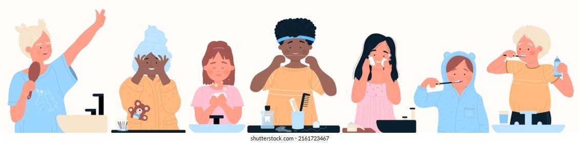 Kids Morning Routine In Home Bathroom Set Vector Illustration. Cartoon Little Children Brush Teeth, Wash Faces, Boys And Girls Standing At Sink Isolated On White. Personal Hygiene, Habits Concept