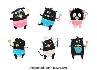 Kids mosters black hand drawn cartoon clip art collection, funny characters in diapers and with rattle. Cute and funny alien baby monsters walking toddlers, black drawing monochrome graphic design.