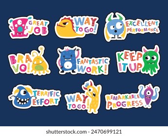 Kids motivation phrase stickers with comic monster alien set vector flat illustration. Childish encouraging school greeting excellent reward inspiration labels funny creature for personal planner pack