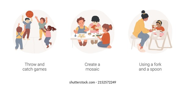 Kids motor skills development isolated cartoon vector illustration set. Throw and catch games, create a mosaic, using fork and spoon, play a game, kindergarten activity, self-care vector cartoon.