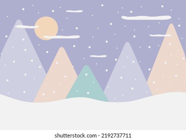 Kids Mountain landscape in scandinavian style background. Mountains, moon, snow and clouds in dusty pastel colors. For baby wallpapers, decor, web banners, posters. Vector illustration. 