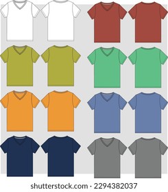 Kids Multi Color Boys V Neck T Shirt Flat sketch Front and Back