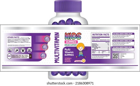 Plantilla de etiquetas suplementarias de nutrición de multivitamina para niños, etiqueta de suplemento dietético, etiqueta de suplementos multivitamínicos, etiqueta de frasco, diseño de plantillas de paquete, diseño, proteína,
