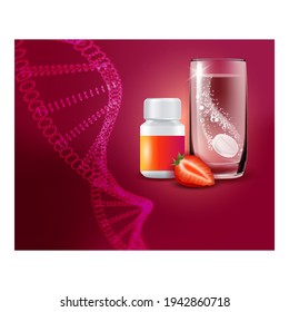 Kids Multivitamins Creative Promo Poster Vector. Multivitamins Effervescent Drug With Strawberry Taste In Water Glass And Blank Bottle Advertising Banner. Style Concept Template Illustration