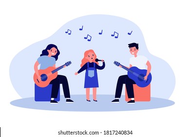Kids music band. Girl singing with mic, teenagers playing guitars flat vector illustration. Talent show, performance, school concert concept for banner, website design or landing web page