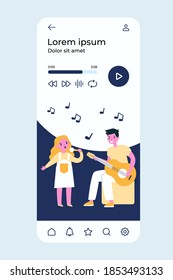 Kids music band. Girl singing with mic, teenagers playing guitars flat vector illustration. Talent show, performance, school concert concept for banner, website design or landing web page