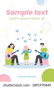 Kids music band. Girl singing with mic, teenagers playing guitars flat vector illustration. Talent show, performance, school concert concept for banner, website design or landing web page