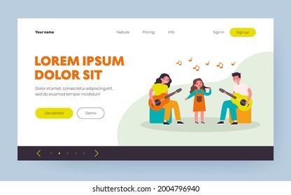 Kids music band. Girl singing with mic, teenagers playing guitars flat vector illustration. Talent show, performance, school concert concept for banner, website design or landing web page