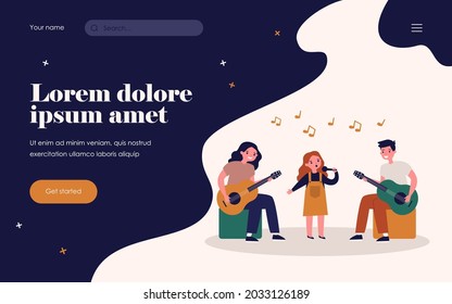 Kids music band. Girl singing with mic, teenagers playing guitars flat vector illustration. Talent show, performance, school concert concept for banner, website design or landing web page