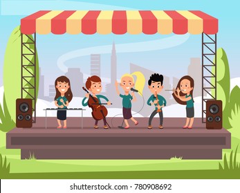 Kids Music Band Playing On Stage At Outdoor Festival Vector Illustration. Child Concert Performance On Stage