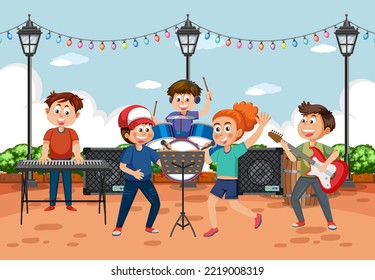 Kids music band playing at park illustration