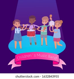 Kids music band playing and rocking at spot light lit stage festival, vector cartoon illustration. Glowing young stars school children playing musical instruments. Drum, flute young musicians concert.