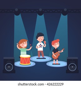 Kids music band playing and rocking at spot light lit stage festival. Glowing young stars. Modern flat style vector illustration cartoon clipart.