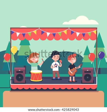 Kids music band playing and rocking at town public park festival. Modern flat style vector illustration cartoon clipart.