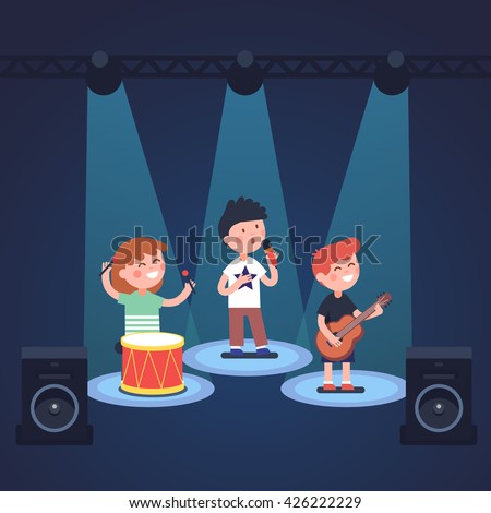 Kids music band playing and rocking at spot light lit stage festival. Glowing young stars. Modern flat style vector illustration cartoon clipart.