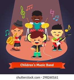 Kids music band playing and singing in spotlight light on stage. Soloist, drummer, sax and guitarist characters. Flat vector cartoon illustration.