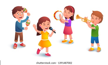 Kids music band playing standing together. Lead singer sing holding mic. Boys & girls children group play on maraca, tambourine and trumpet instruments. Flat vector musician character illustration set