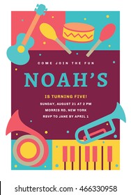 Kids Music Birthday Invitation Design. Music Flyer. Music Poster In Vector