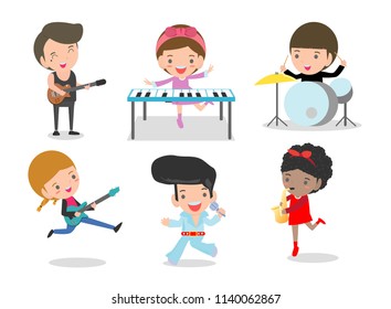 Kids and music, Children playing Musical Instruments,set of Kids playing different musical instruments,Vector Illustration