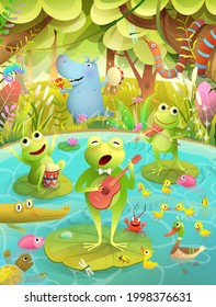 Kids music festival on a lake or pond with frogs playing musical instruments and singing. Animals party on lake singing and dancing. Vector swamp scenery illustration for children in watercolor style.