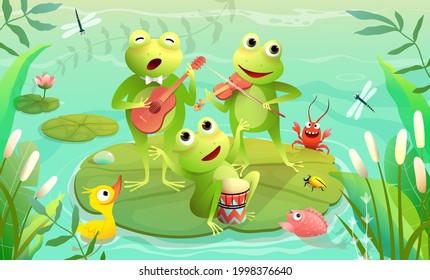 Kids music festival on a lake or pond with frogs playing musical instruments and singing. Funny animals music show on a swamp. Vector swamp scenery illustration for children in watercolor style.
