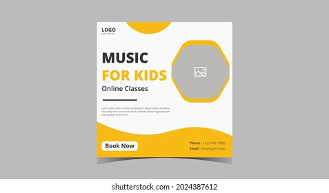 Kids music lesson social media post design. Instrument learning promotion social media post template
