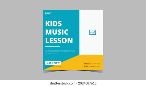 Kids music lesson social media post design. Instrument learning promotion social media post template
