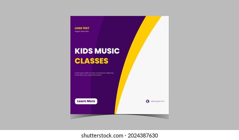 Kids music lesson social media post design. Instrument learning promotion social media post template