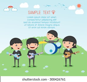 Kids and music, vector illustration of four kids in a music band, Children playing Musical Instruments,illustration of  Kids playing different musical instruments,Vector Illustration